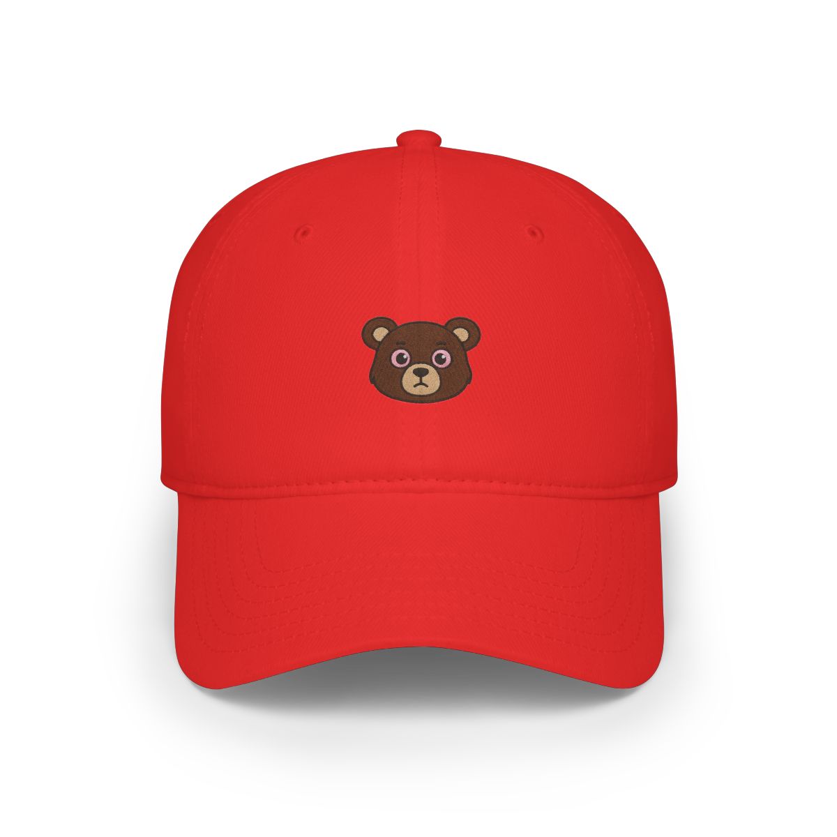 Five baseball caps in different colours, including light blue, pink, brown, and two shades of beige. Each cap features an embroidered cartoon bear with brown fur and pink eyes.